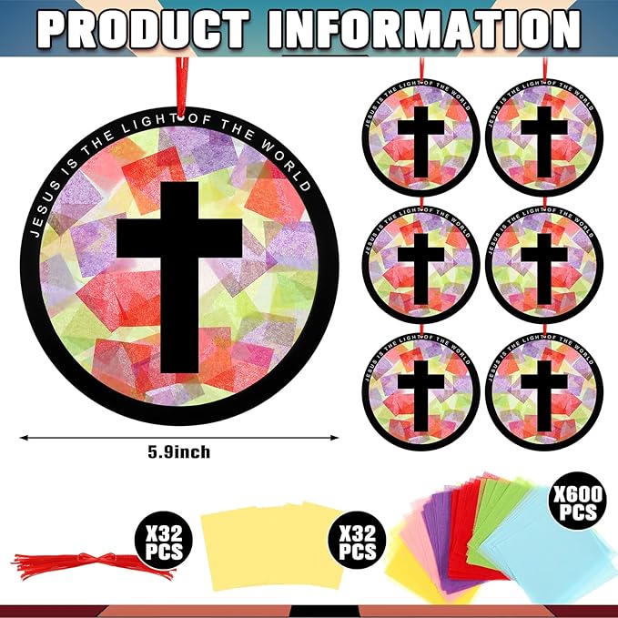 Motipuns 32 Sets Resurrection Easter Ornaments Craft Kit, Christian Religious DIY Cross Suncatchers Stained Glass Effect with Tissue Paper Window Art for Sunday School Church VBS Decor