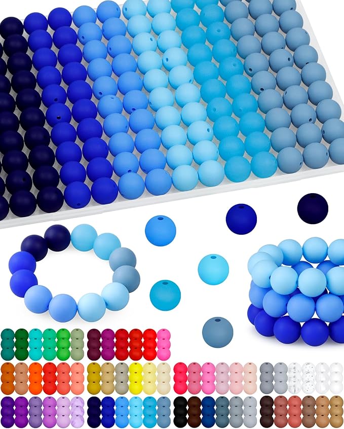 160pcs fiveizero 15mm silicone beads for keychain making - mixed color round rubber beads bulk, diy craft supplies for bracelets necklaces pens(blue)