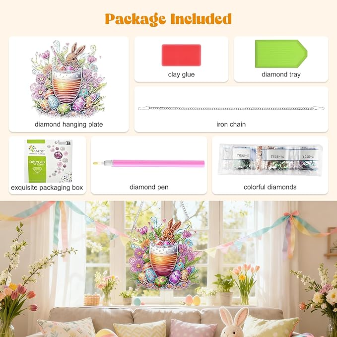 RICUVED Easter Diamond Art Hanging Kit for Adult, Drink Special Shaped Diamond Painting Pendant Kit, Eggs Art Suncatchers Double Sided Hanging Acrylic Window Ornament for Home Garden Decor