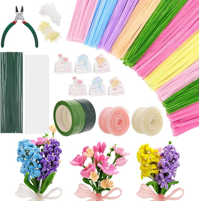 Ovveroche 1000 PCS Pipe Cleaners Craft, Pipe Cleaner Bulk Flower Kit with Handle, 7 Colors Chenille Stems Flower Making Kit with Floral Wires, Gardening Tape, Stamen, Ribbon for Art Craft Supplies