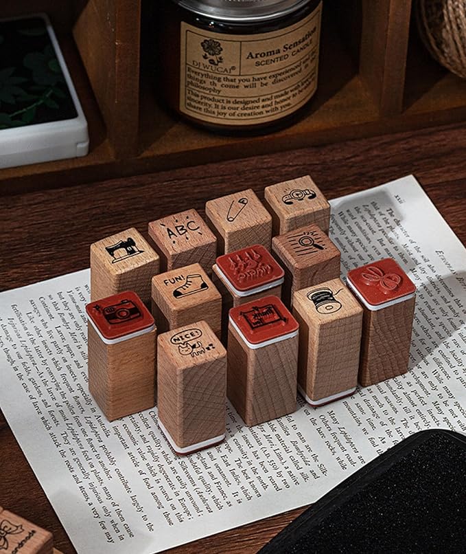 18pcs Routine Deco Theme Wooden Rubber Stamps Kit, Cute Small Stamps for Decorative Diary Planner DIY Craft Scrapbook Card Making Letters Journal