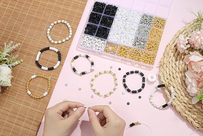 DUQGUHO Clay Beads Bracelet Making Kit for Adults 2940 Pcs, Clay Beads for Bracelets Making 6mm, Black and White Bead Kits for Jewelry DIY