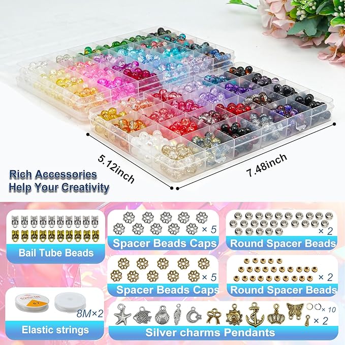 Hanyoung 8mm Glass Beads for Bracelet Making kit,48 Colors 1450 pcs Crackle Glass Beads for Jewelry Making, Crystal Round Bracelet kit for DIY Craft Gifts (Crackle Color)