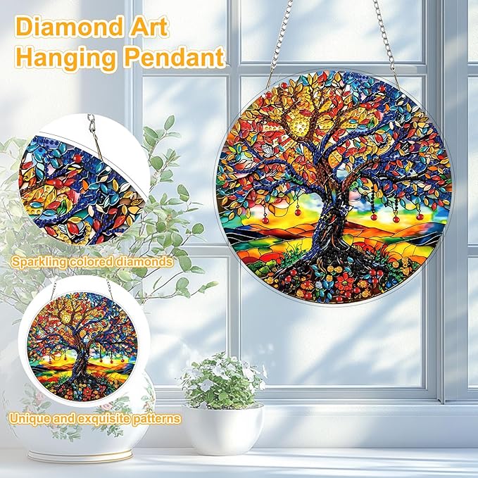 TOSTOG Tree of Life Diamond Art Pendant Kits for Adult, Diamond Painting Hanging Kit for Beginners, 5D DIY Crafts Gem Art, Waterproof Full Accessories for Home Decor Idea 20 * 20 cm/8 * 8 in