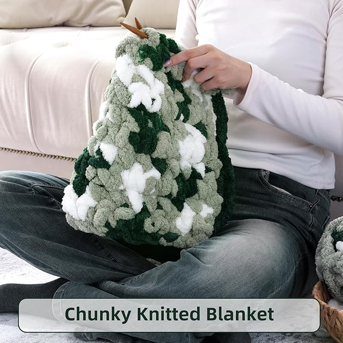 HOMBYS Chunky Tie Dye Mix Chenille Yarn for Hand Knitting, Super Bulky Jumbo Yarn for Crocheting, 3/4" Thick Soft Plush Yarn for Blankets, 8 Skein Pack (26 yds / 7.5 oz Each) Green Multi White