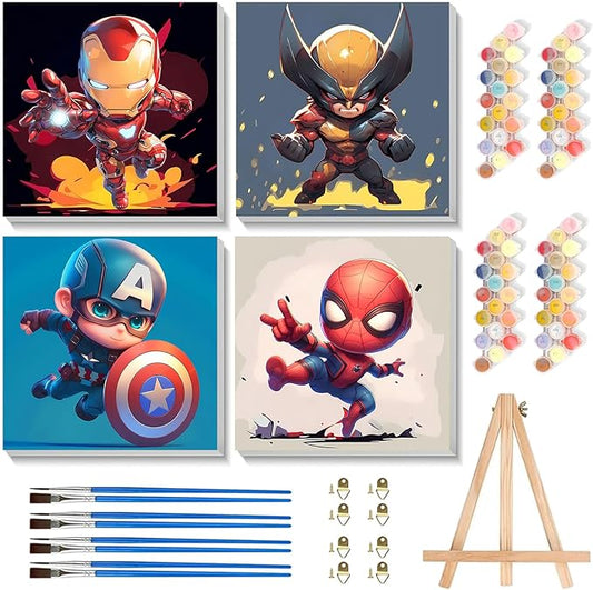 KOJEFCV 4 Pack Cartoon Paint by Numbers for Kids with Framed Canvas-with Wooden Easel, Paint by Number for Kids Ages 4-8-12, DIY Easy Acrylic Oil Painting Kits for Home Wall Decor (8X8inch)