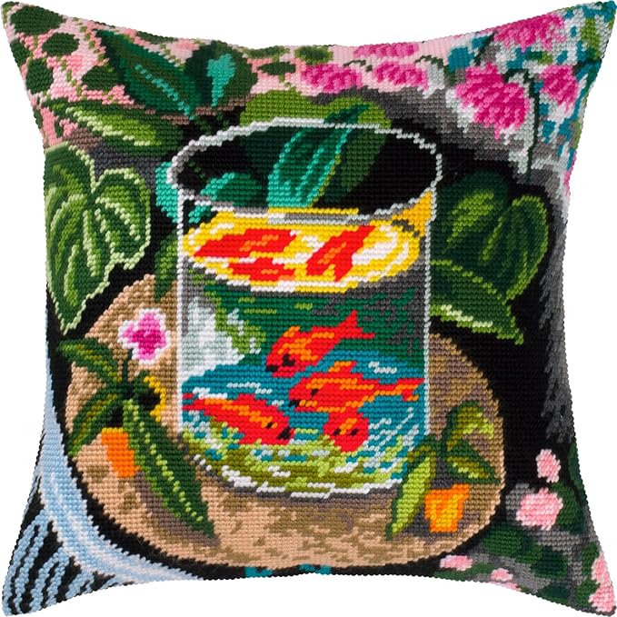 Artistic Stamped Cross-Stitch Kit for Adults and Beginners — Red Fish by Henri Matisse 16″ × 16″ with Clear, Precise Printed Design on Cotton Canvas; Includes 2 Needles, Yarn, and Easy-Read Chart