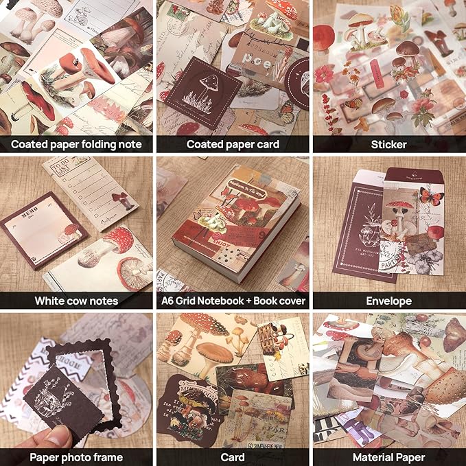 Scrapbook Photo Album Supplies Kit with Tweezers and Glue Tape – Vintage Aesthetic Junk Journaling Set, Scrapbooking Paper, Sticker Pack, Notebook, Stationery Kit, Gift for Adults Teens (Mushroom)