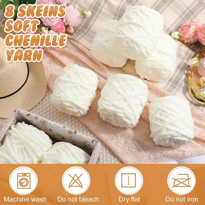 Buryeah 8 Pack Chunky Chenille Yarn for Crocheting Soft Thick Fluffy Yarn for Hand Knitting Bulky Velvet Blanket Plush for Weaving DIY Crafts Each 3.5 oz 55 Yards (Cream)