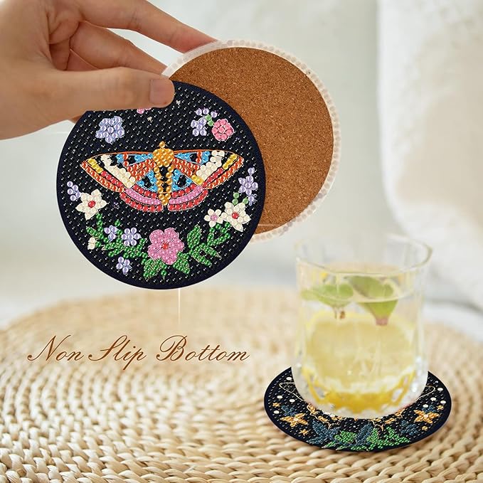 8 Pcs Diamond Art Coasters Kit with Holder, DIY Butterfly Diamond Painting Coasters for Beginners Adults, Non Slip Diamond Art Kits Craft Supplies 4x4inch