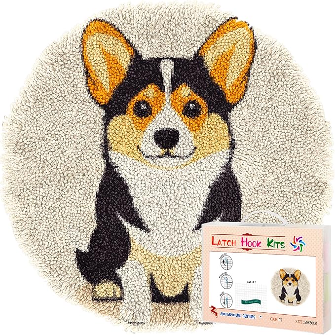Latch Hook Rug Kit Cute Corgi Dog Stamped Handmade Round Shape Carpet Crochet Yarn Craft DIY Hook and Latch Door Mat Tapestry for Home Floor Decor 50x50cm(4)