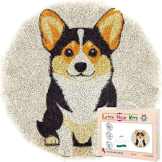 Latch Hook Rug Kit Cute Corgi Dog Stamped Handmade Round Shape Carpet Crochet Yarn Craft DIY Hook and Latch Door Mat Tapestry for Home Floor Decor 50x50cm(4)