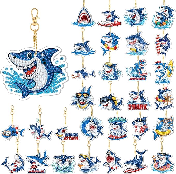 Huquary 30 Pcs Summer Diamond Art Keychains Shark Diamond Art Kits for Aldults Double Sided 5d Rhinestones Ocean Animal Beach Hanging Key Chains Ornaments for Beginners DIY Crafts Party