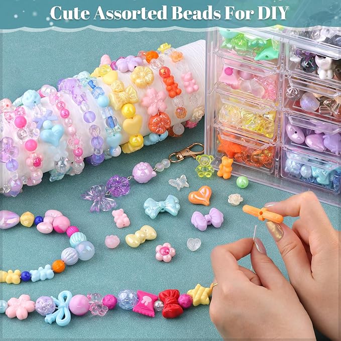 400-450PCS TINKRSTUFF Assorted Acrylic Beads, Mixed Cute Beads for Bracelet Making, Aesthetic Bow Flower Star Butterfly GummyBear Kawaii Charms for Jewelry Necklace Making DIY Keychain Phone Charm