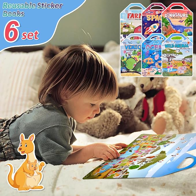 cosomia 6 set (260pcs) puffy sticker books activity for kids, animal, farm, dinosaurs, space, vehicle, ocean, 3d reusable stickers for boys and girls, travel sticker books for kids ages 3+