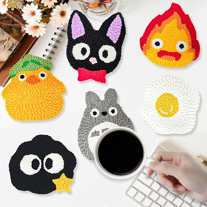 PUNICA Punch Needle Kit for Beginners, Kids & Adults Coaster Set of 6, Easy DIY Embroidery Set Starter Craft Gift with Cute Cartoon Decoration