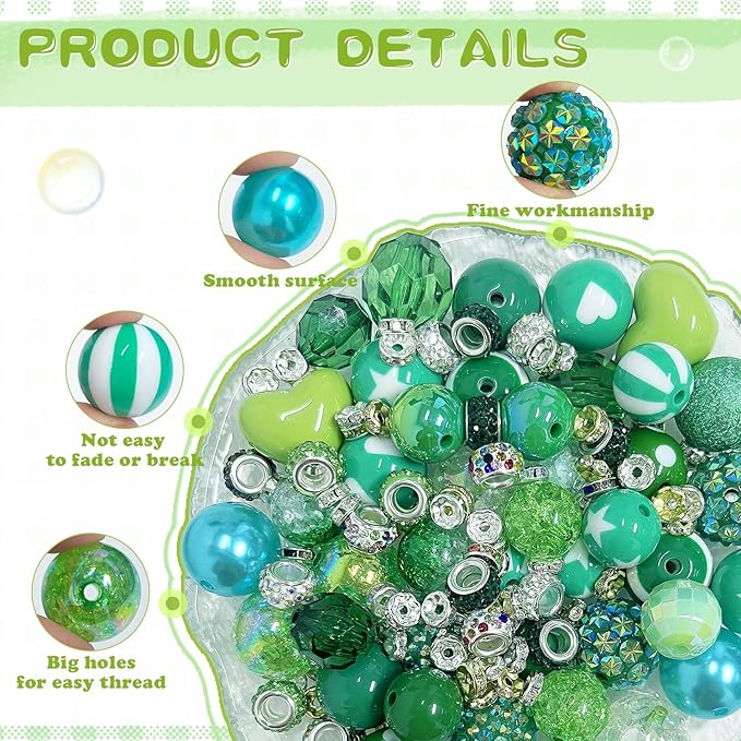 163 Pcs Pen Beads for Beadable Pens: Bubblegum Beads for Pen Making Bulk with Spacer Bead Rhinestone Bead (Green)