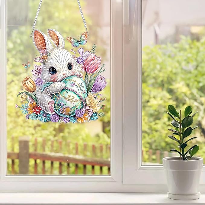 MAXBYE Easter White Rabbit with Eggs Hanging Diamond Art Painting Kits for Adults Beginners, DIY 5D Special Shaped Crystal Painting Diamond Kits Hanging Ornament for Gift Home Wall Door Decor 8×12Inch