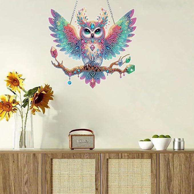 Ristpal Diamond Painting Kits Hanging for Adult, Special Shaped Rhinestone, DIY Acrylic Diamond Art Painting Window Pendants Home Garden Wall Hanging Kits for Home Decor and Gifts (Owls)