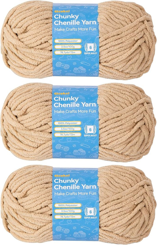Chenille Yarn #6, Super Bulky Blanket Yarn for Crocheting & Knitting, Extra Soft Chunky Thick Yarn, Easy to Crochet, Perfect for Amigurumi, Baby Blankets, DIY Home Decor, 3Skeins(300g/10.5oz), Khaki