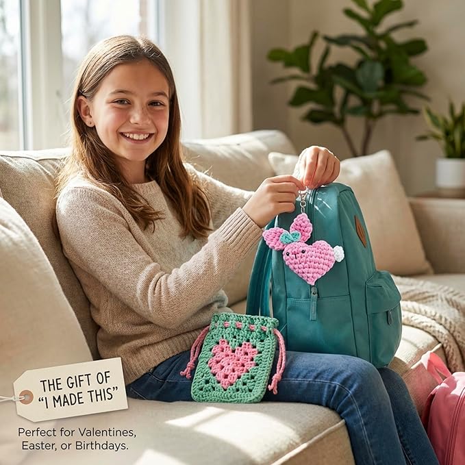 Wimmsie Crochet Animal Kit for Beginners - Easy Beginner Crochet Kit for Kids - Cute Amigurumi Heart Bunny & Granny Square Heart Pouch - Easter Craft - Keychain and Mini Purse