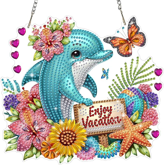 MEIYUDA Dolphins Diamond Art Hanging Kits for Adult, Flowers Dolphins Diamond Painting Hanging Kits Ornaments, DIY Special Shaped Rhinestone Window Pendants Kit for Home Garden Wall Decor Gift