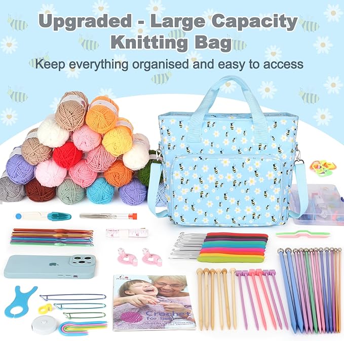 Yarn Storage Organizer Travel Crochet Bag, Large Capacity Tote Bag Knitting Bag for Carrying Projects, Knitting Needles, Crochet Hooks and Yarn, Blue Floral and Bees