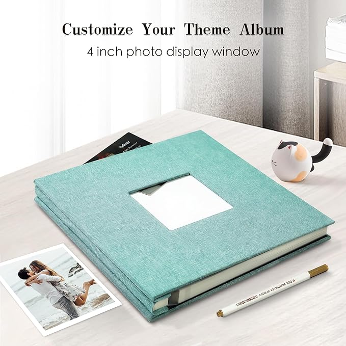 Spbapr Large Photo Album Self Adhesive 4x6 5x7 8x10 10x12 Pictures Magnetic Scrapbook 40 Blank Pages Linen Cover DIY Album with A Metal Pen Turquoise