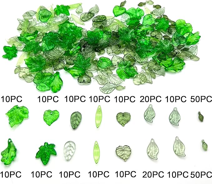 260PCS Green Leaf Beads for Jewelry Making - Acrylic Plant Charms DIY Crafts, Earring Necklace Bracelet Kit for Women