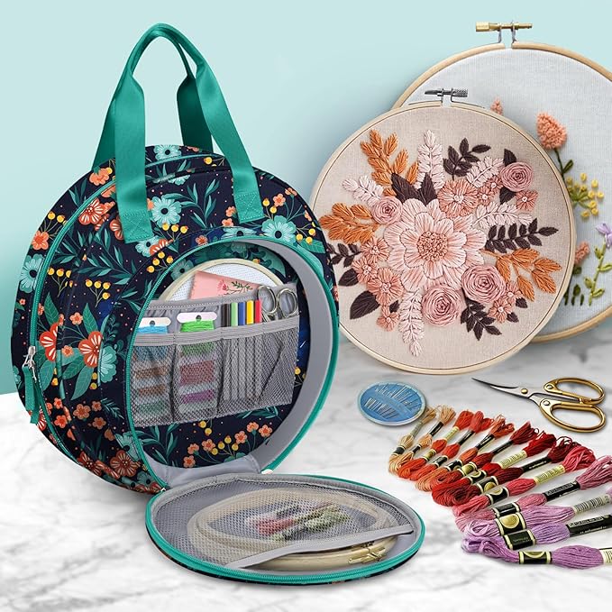 FINPAC Embroidery Project Bag, Embroidery Supplies Storage Carrying Tote Case with Multiple Pockets for Floss, Hoops, Thread, Stitch Tools Kit [Bag Only], Navy Bloom