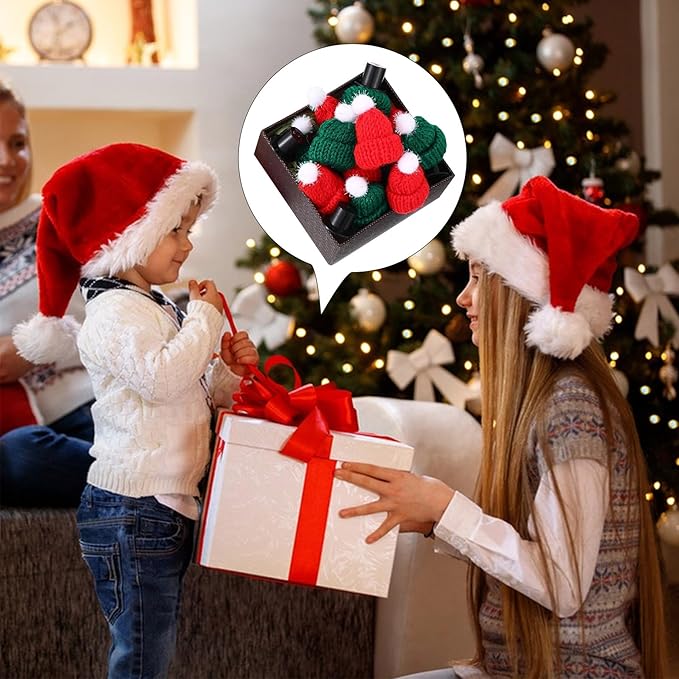 30 Pcs Mini Knit Hats and Christmas Scarves Set with 20 Pcs Black Plastic Miniature Top Caps for Tree Ornaments, DIY Art Crafts, Snowman Doll