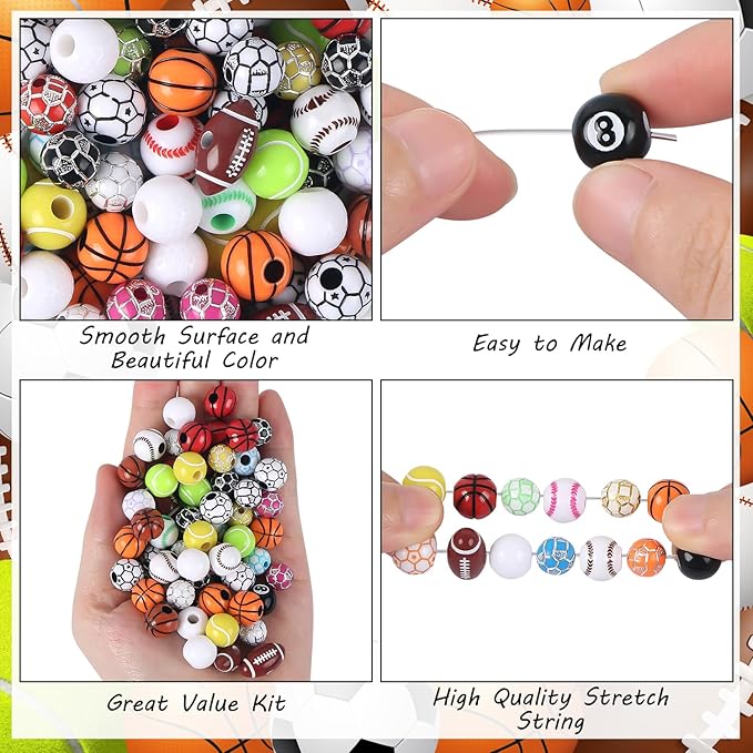 100 Pcs Sports Ball Beads Bulk with 5.5 Yard Elastic Rope,Acrylic Softball American Football Basketball Volleyball Baseball Tennis Beads for DIY Bracelet Necklace Keychain Jewelry Making Accessories