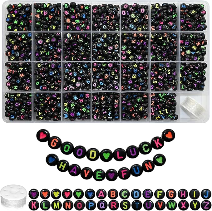Amaney 1400pcs Colorful Letter Beads Round Alphabet A-Z Heart 4x7mm Black Acrylic Beads and Crystal Line for Jewelry Making