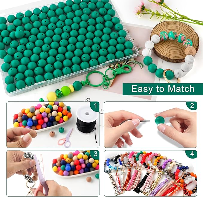Silicone Beads, 150Pcs 15mm Round, Bulk for Keychain Making, Bracelet Making, Necklace Making, Deep Green