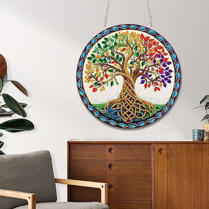 Reofrey Hanging Diamond Art Kits for Adults - 8x8 Inch Tree Acrylic Board Double Sided Pattern Diamond Painting Suncatcher Pendant, DIY Crystal Art for Home Wall or Window Decoration Handmade Gift
