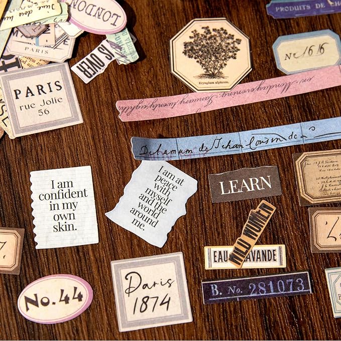 Vintage Fragmented Label Stickers, 400 PCS Washi Ephemera for Scrapbooking, Journaling, Crafting, DIY Projects, Diaries, and Art Supplies - 2 Iron Boxes Included