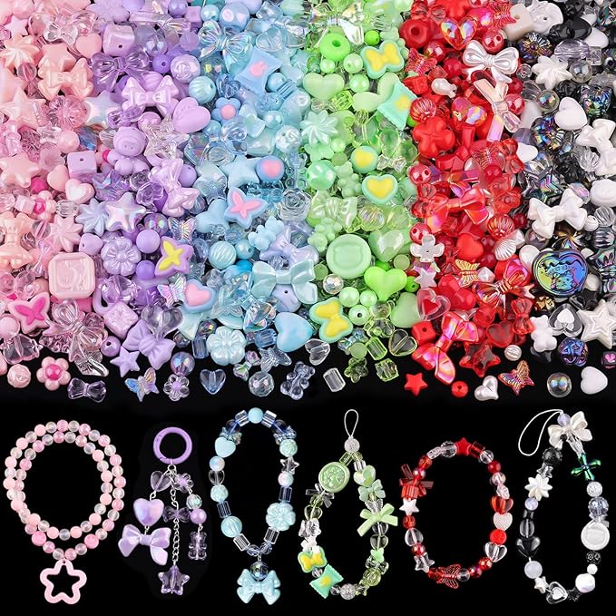 400-450pcs tinkrstuff assorted acrylic beads 6 mixed colors cute beads for bracelet making, bow aesthetic gummybear flower butterfly kawaii charms for jewelry making diy necklace keychain phone charm