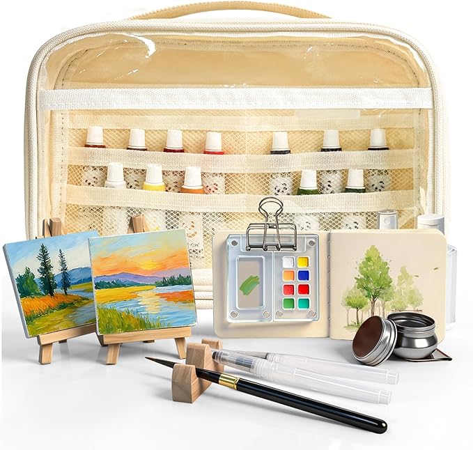 Mini Watercolor Palette Set,22Pcs Artist Watercolor Palette Travel Set with Colors,Wooden Paint Box,Brush,Holder,Oil Cup,Plastic Bottles Storage Bag for Beginners Artists Student(8 Grids)