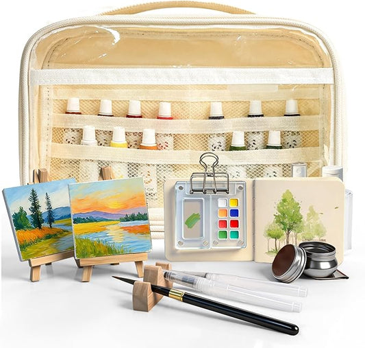 Mini Watercolor Palette Set,22Pcs Artist Watercolor Palette Travel Set with Colors,Wooden Paint Box,Brush,Holder,Oil Cup,Plastic Bottles Storage Bag for Beginners Artists Student(8 Grids)