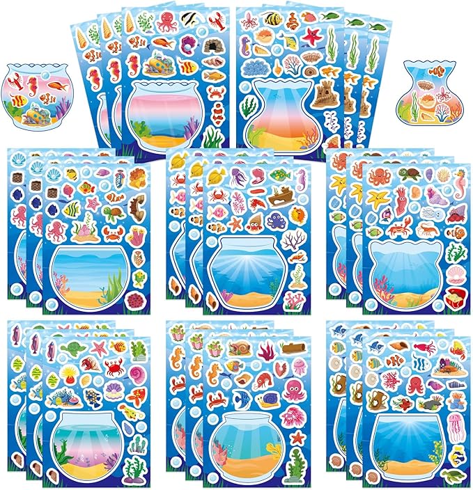 24 pcs ocean animal stickers, make a face sticker sheets for kids, make your own sea animal fish tank scene for kids summer party favors activities