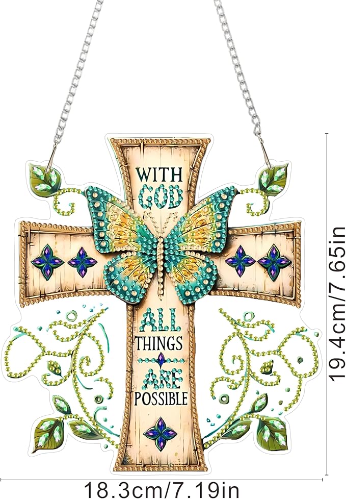RYMILIE Diamond Art Hanging Kits for Adults, Cross Special Shaped Diamond Painting,Double Sided 5D DIY Acrylic Diamond Art Painting Window Pendants Home Garden Wall Hanging Kits Butterfly Ornament.