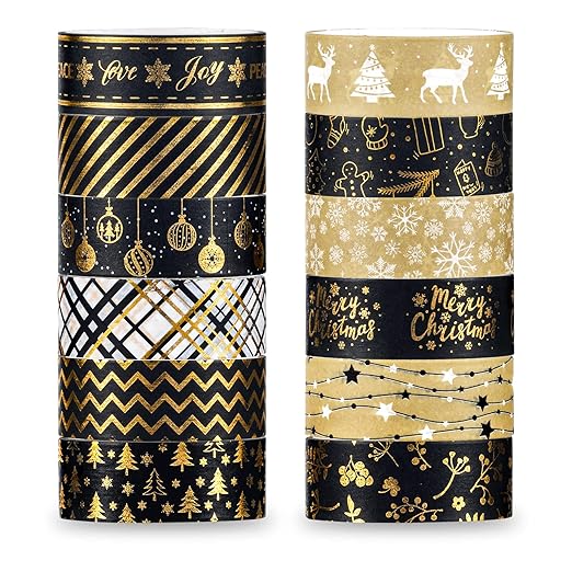 Whaline 12 Rolls Christmas Washi Tape Black Gold Xmas Washi Masking Tape Foil Gold Snowflake Xmas Tree Xmas Tree Ball Plaid Pattern Decorative Tape for Scrapbook Journal DIY Craft Gift Wrapping