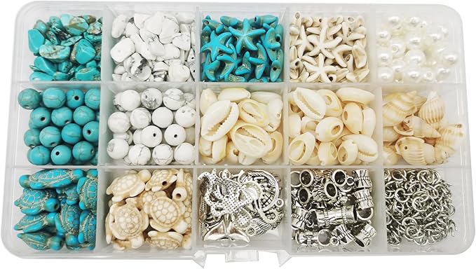 Julie Wang 422PCS Antique Silver Alloy Pendants Seashells Man-made Turquoise Beads Starfish Turtle Ocean Charms for Jewelry Making Summer Beach Necklace Earring Bracelet Craft DIY Accessory