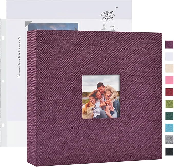 Mublalbum 8x8 Inch DIY Scrapbook Photo Album with 20 Plastic Sleeves 40 Pages Linen Cover 3 Ring Folder Binder for Wedding Baby Family and DIY Projects (Purple)