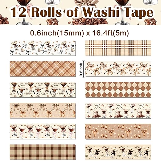 12 Rolls Martini Washi Tape, Vintage Brown Checkered Bow Masking Tape, Martini Coffee Decorative Sticker for Birthday Party Afternoon Tea Holiday Scrapbook Journal DIY Craft Gift Wraps 16.4FT
