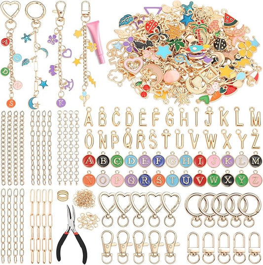 selizo 404Pcs Charms Lip Gloss Keychain Making Kit, DIY Craft Supplies with Charms, Key Chain Hooks, Jump Rings, Lobster Clasps, Chains, Jewelry Making Kit for Custom Keychains, Bags, Valentines Gifts