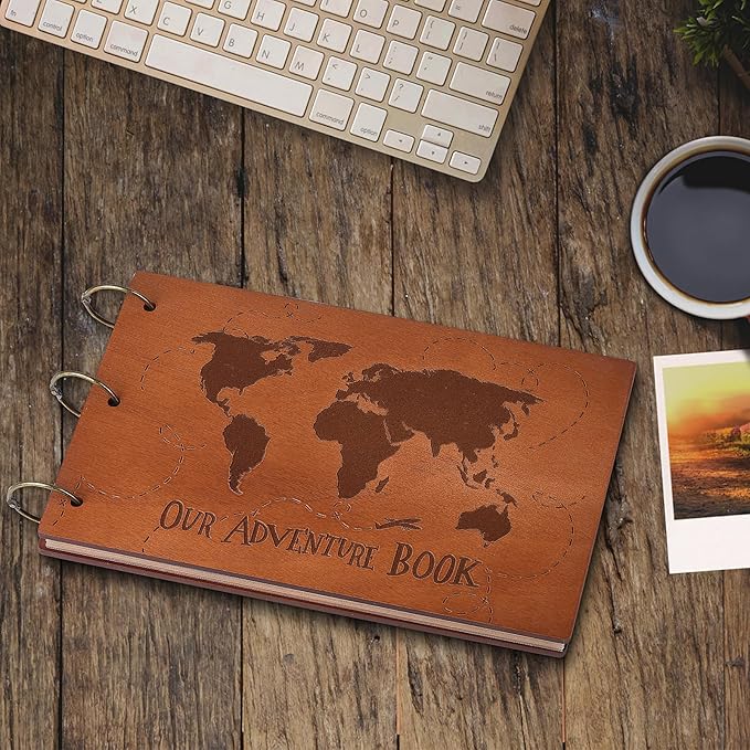 Our Adventure Book 3D Wooden Cover Scrapbook - 11.92 x 7.62" Timeless Memory Journal for Unforgettable Adventures & Precious Moments - Ideal for Anniversaries, Travel & Couple Gifts (3D Map Style)