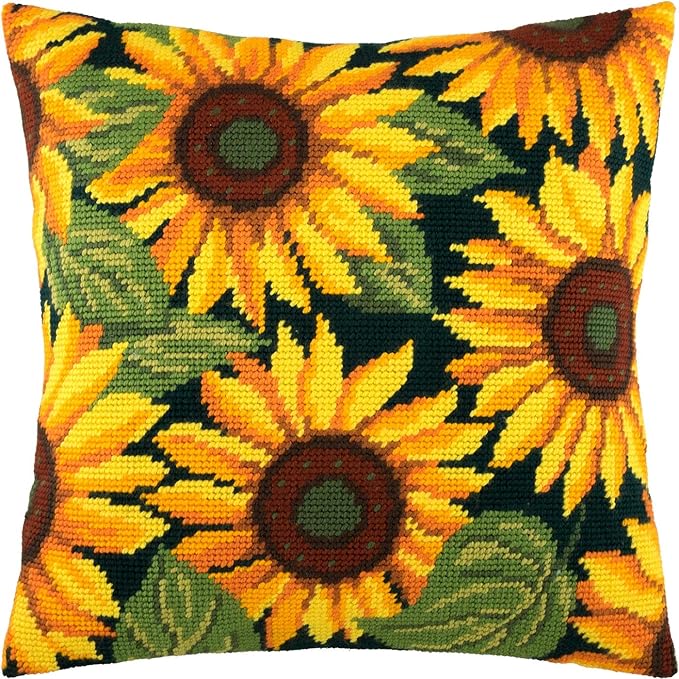 Brvsk Floral Embroidery Kit for Adults and Beginners — Sunflowers 16″ × 16″ with Clear, Precise Printed Design on Cotton Canvas; Includes 2 Needles, Yarn, and Easy-Read Chart