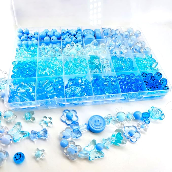 450pcs Blue Acrylic Assorted Beads - Pastel Heart Star Butterfly Smile Face Mickey Cute Aesthetic Bulk for Bracelets Jewelry Making Phone Charm Crafts