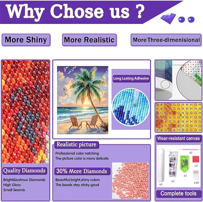 Gemozaic Beach Diamond Painting Kits for Adults- Beach Diamond Art Kits for Adults, Landscape Gem Painting Kit for Adult for Gift Home Wall Decor 12x16 Inch
